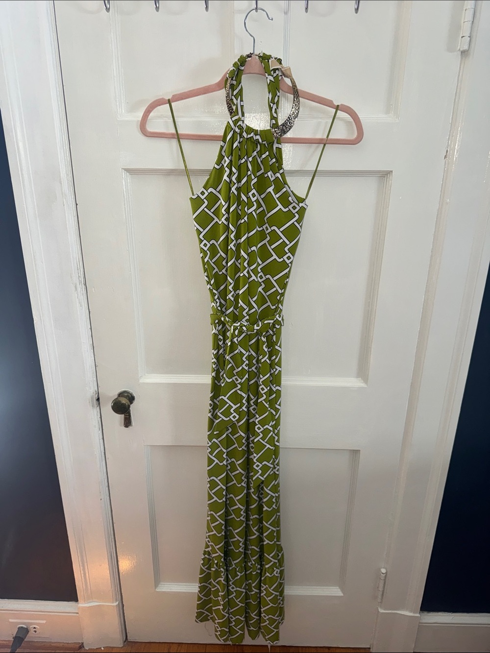 MICHAEL Michael Kors Olive Green Geometric Halter Maxi Dress - Picture 1 of 2